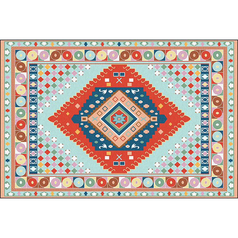 Lisslune | Blue and Orange Bedroom Rug Moroccan Medallion Circle Diamond Pattern Rug Polyester Non-Slip Washable Rug