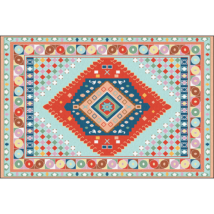 Lisslune | Blue and Orange Bedroom Rug Moroccan Medallion Circle Diamond Pattern Rug Polyester Non-Slip Washable Rug