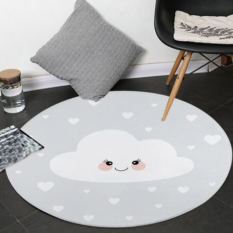 Lisslune | Children's Room Rug in Gray Fairy Tale Clouds Heart Print Rug Polyester Stain Resistant Non-Slip Area Rug