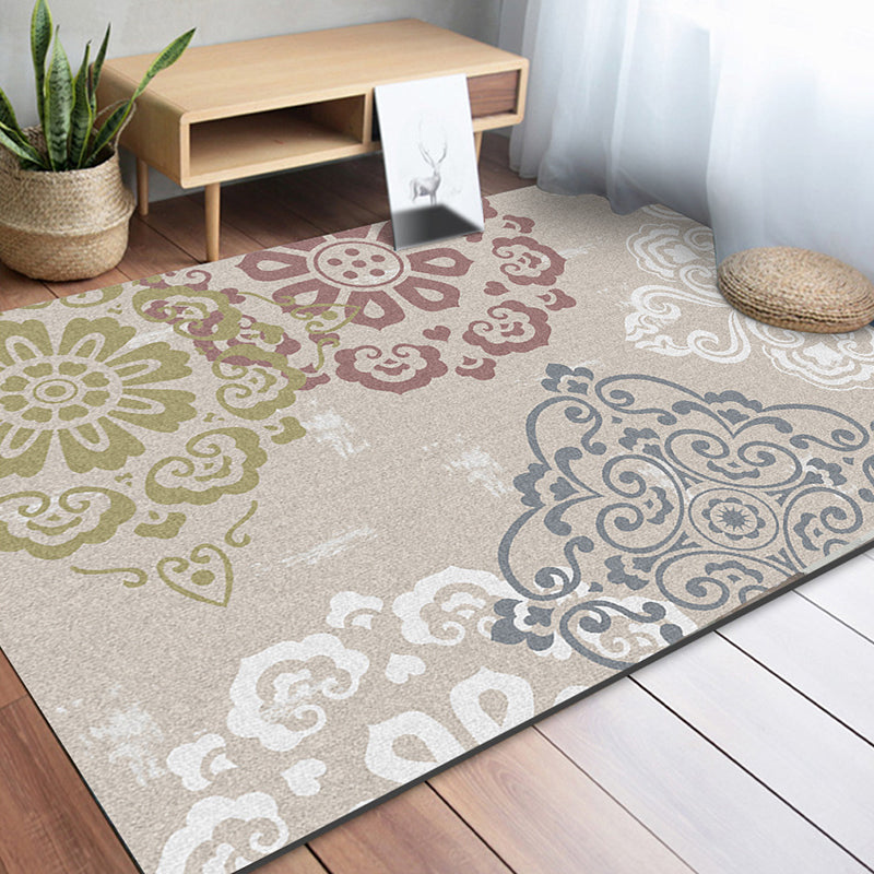 Lisslune | Classic Floral Pattern Rug Light Brown Polyester Rug Machine Washable Non-Slip Area Rug for Bedroom