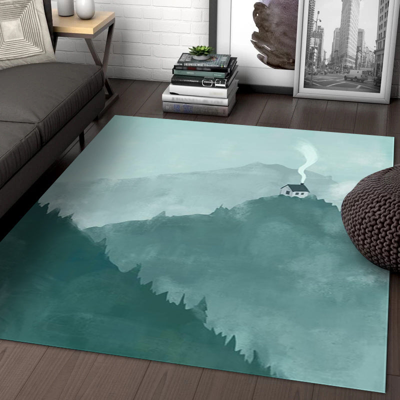 Lisslune | Large Bedroom Rug Modern Geography Mountain House Pattern Rug Polyester Anti-Slip Back Rug