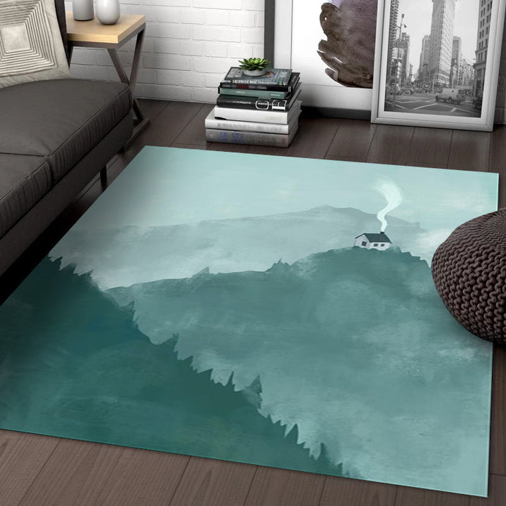 Lisslune | Large Bedroom Rug Modern Geography Mountain House Pattern Rug Polyester Anti-Slip Back Rug