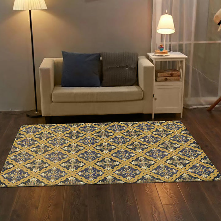 Lisslune | Moroccan Living Room Carpet in Yellow Flower Ring Print Carpet Polyester Pet Friendly Non-Slip Area Rug