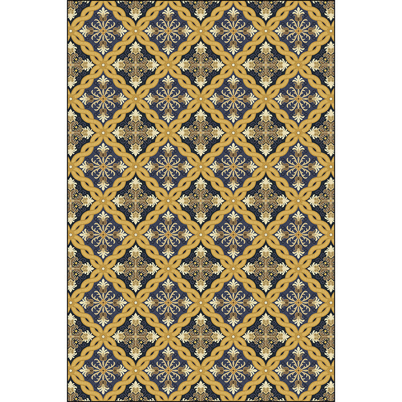 Lisslune | Moroccan Living Room Carpet in Yellow Flower Ring Print Carpet Polyester Pet Friendly Non-Slip Area Rug