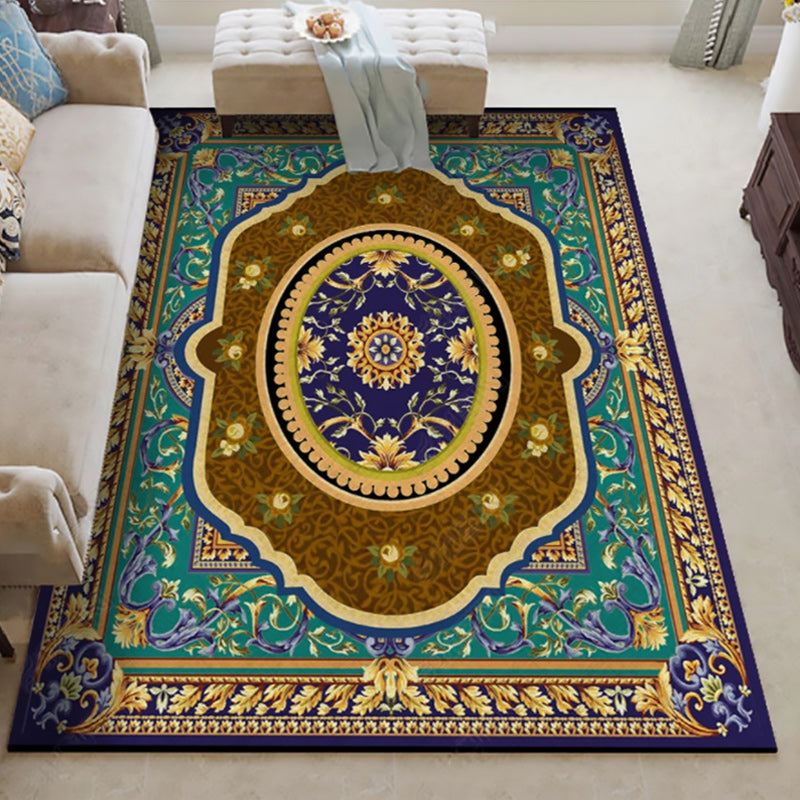 Lisslune | Oriental Moroccan carpet in blue and red medallion floral pattern carpet polyester washable rug for home decor