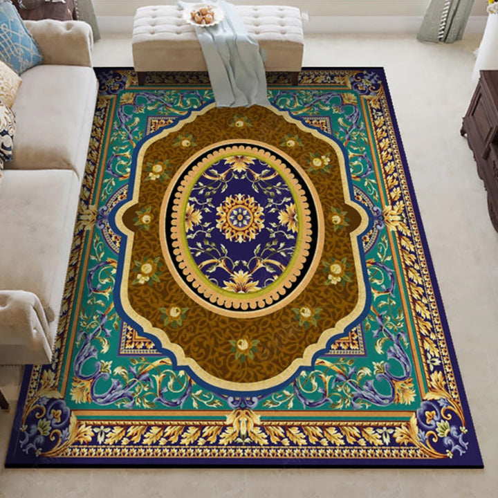 Lisslune | Oriental Moroccan carpet in blue and red medallion floral pattern carpet polyester washable rug for home decor