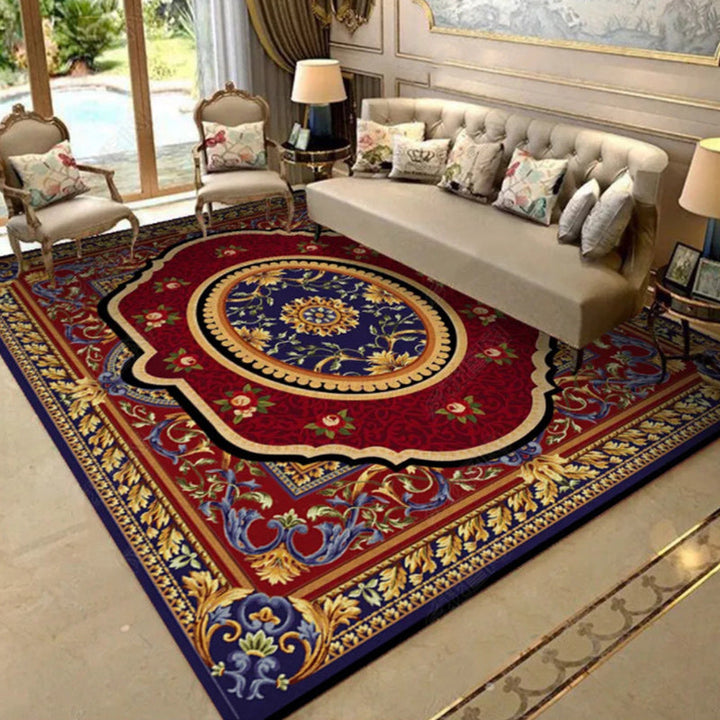 Lisslune | Oriental Moroccan carpet in blue and red medallion floral pattern carpet polyester washable rug for home decor