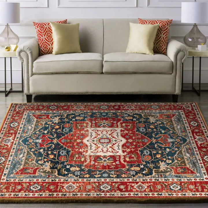 Lisslune | Oriental Moroccan carpet in blue and red medallion floral pattern carpet polyester washable rug for home decor