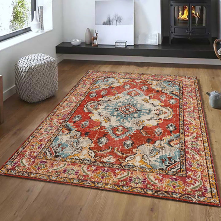 Lisslune | Oriental Moroccan carpet in blue and red medallion floral pattern carpet polyester washable rug for home decor