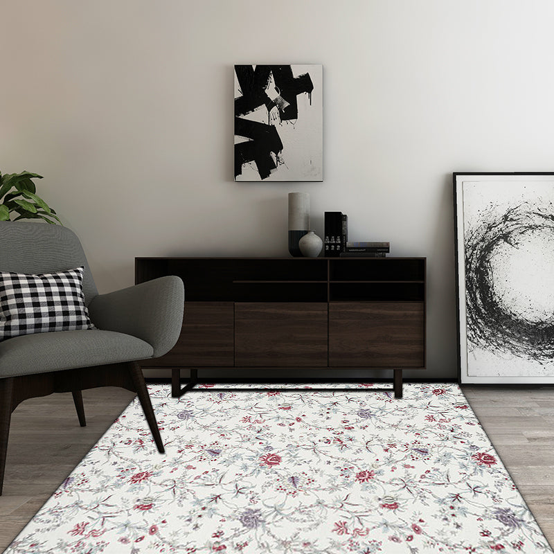 Lisslune | Traditional floral pattern carpet white classic carpet polyester washable non-slip backing carpet for living room