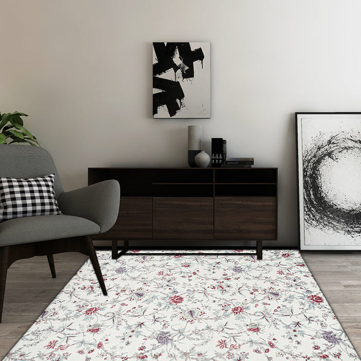 Lisslune | Traditional floral pattern carpet white classic carpet polyester washable non-slip backing carpet for living room