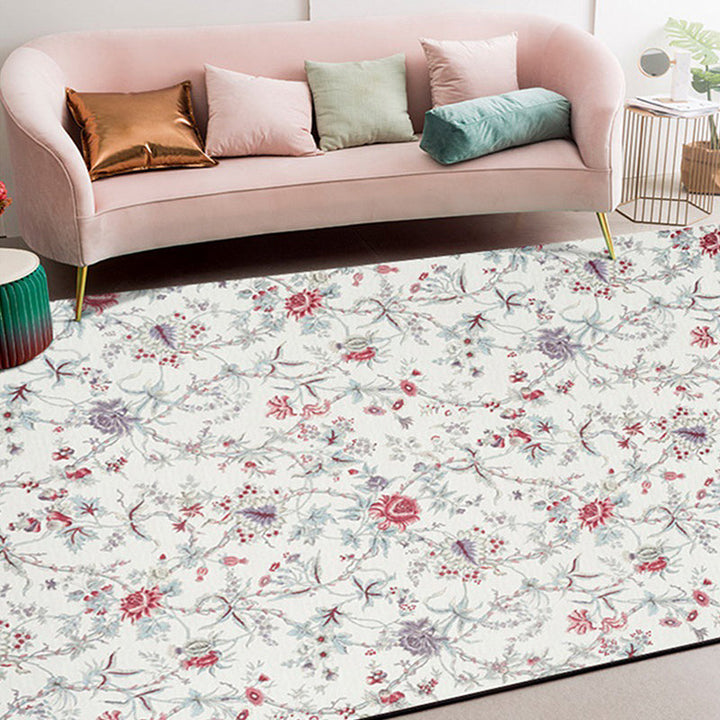 Lisslune | Traditional floral pattern carpet white classic carpet polyester washable non-slip backing carpet for living room