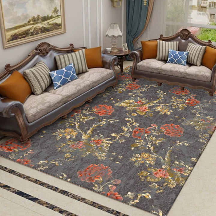 Lisslune | Dark Gray Vintage Carpet Polyester Flower and Leaf Pattern Carpet Washable Non-Slip Back Carpet for Living Room