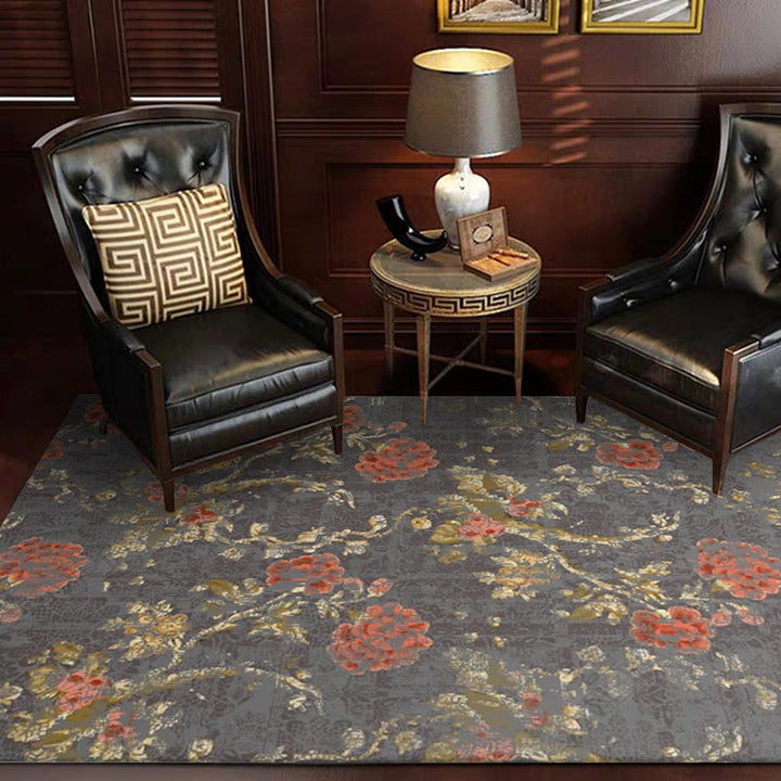 Lisslune | Dark Gray Vintage Carpet Polyester Flower and Leaf Pattern Carpet Washable Non-Slip Back Carpet for Living Room