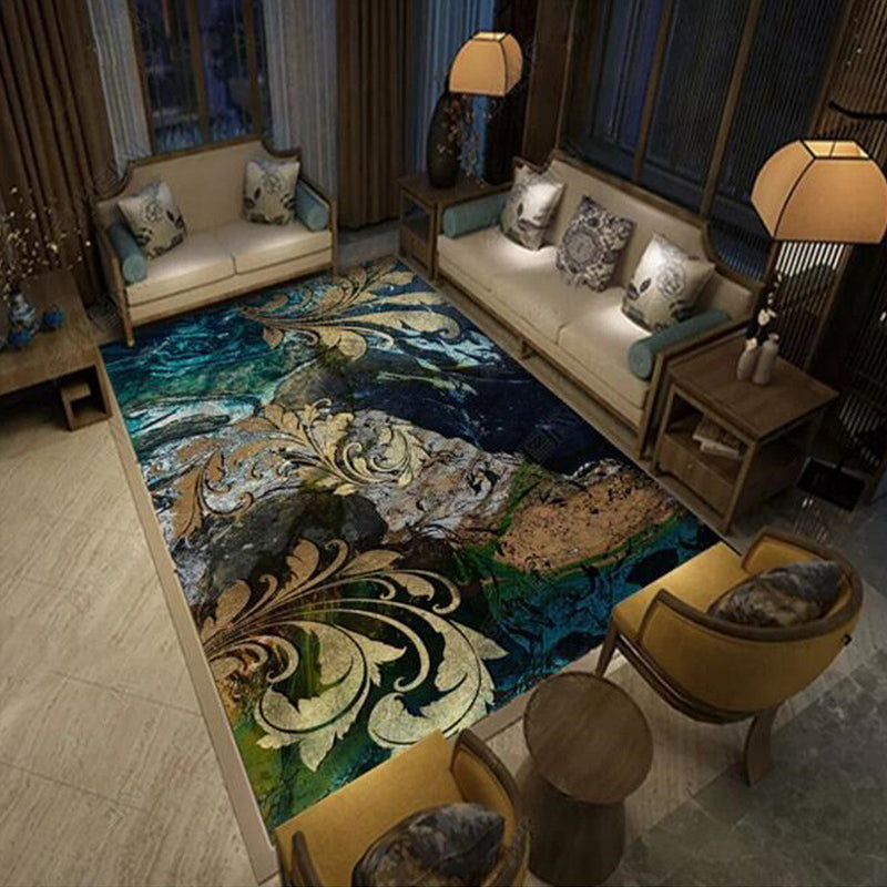 Lisslune | Blue and gold vintage carpet polyester paisley pattern carpet washable non-slip backing carpet for living room