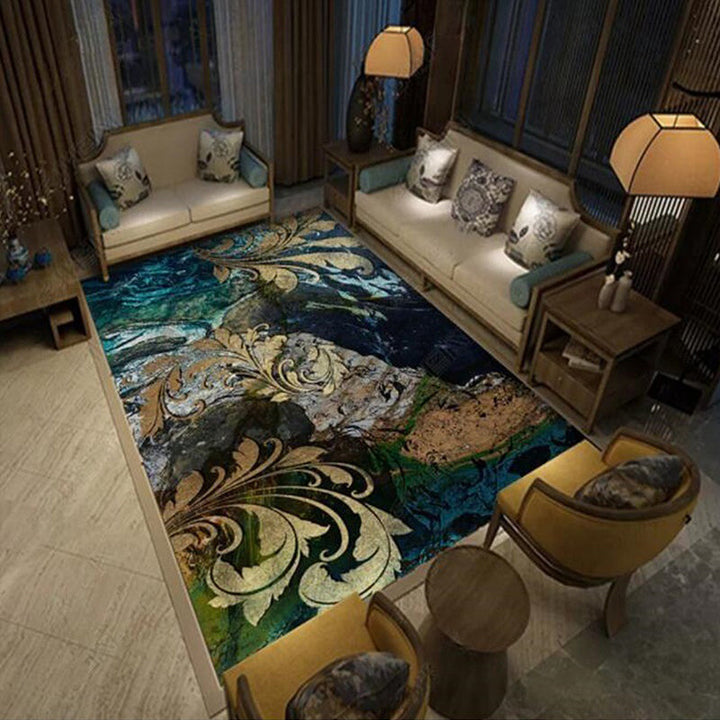 Lisslune | Blue and gold vintage carpet polyester paisley pattern carpet washable non-slip backing carpet for living room