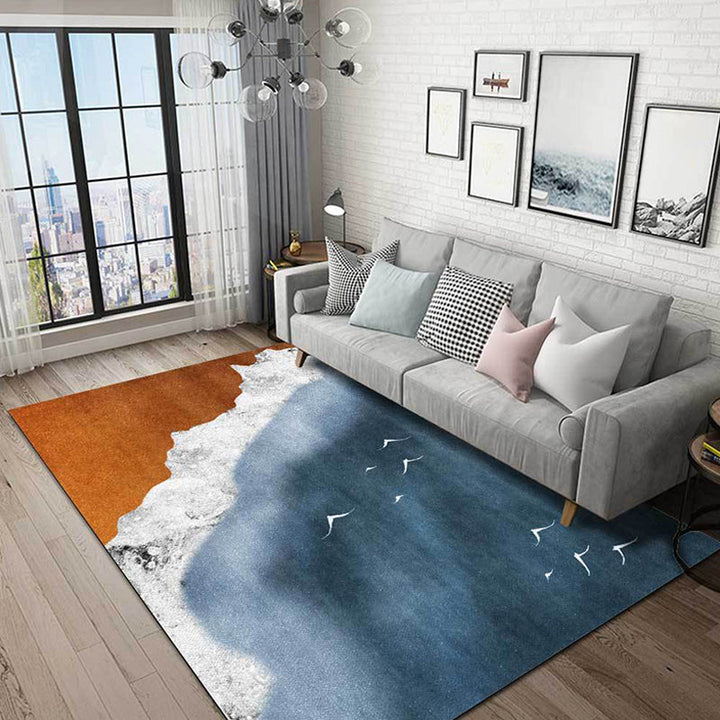 Lisslune | Brown and blue contemporary carpet polyester geography pattern carpet washable non-slip backing carpet for living room