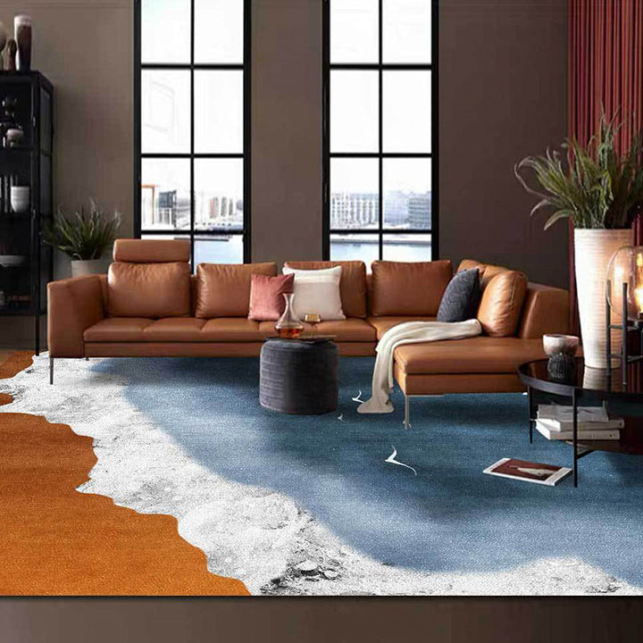 Lisslune | Brown and blue contemporary carpet polyester geography pattern carpet washable non-slip backing carpet for living room