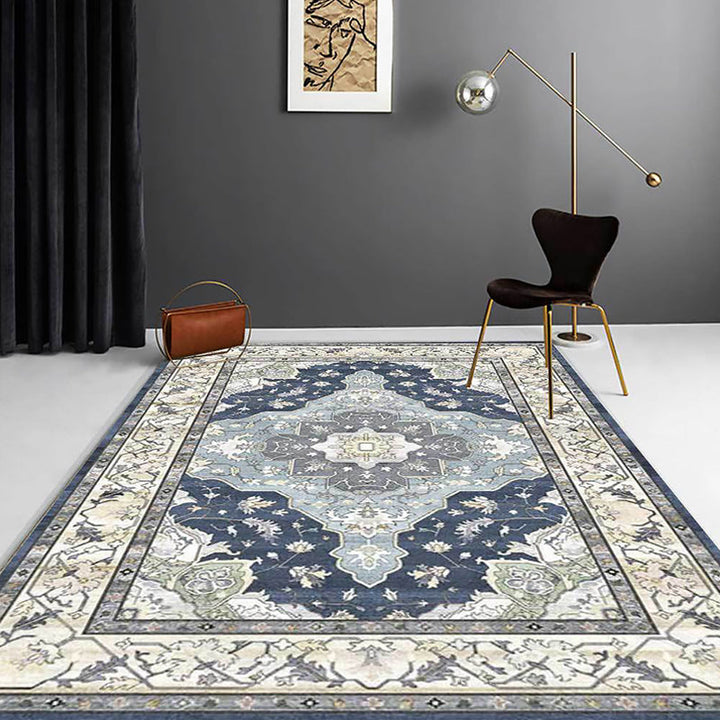 Lisslune | Moroccan Living Room Rug in Blue Medallion Floral Pattern Rug Polyester Stain Resistant Non-Slip Area Rug