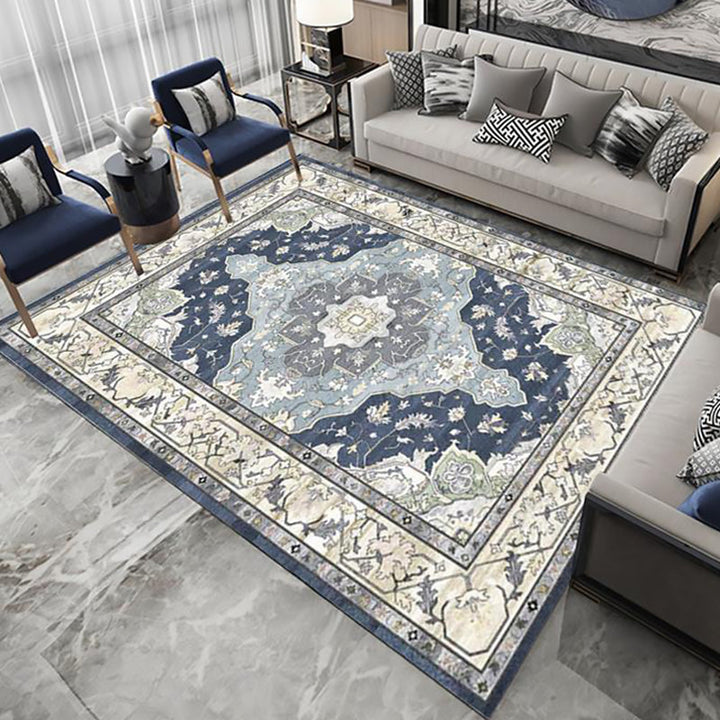 Lisslune | Moroccan Living Room Rug in Blue Medallion Floral Pattern Rug Polyester Stain Resistant Non-Slip Area Rug