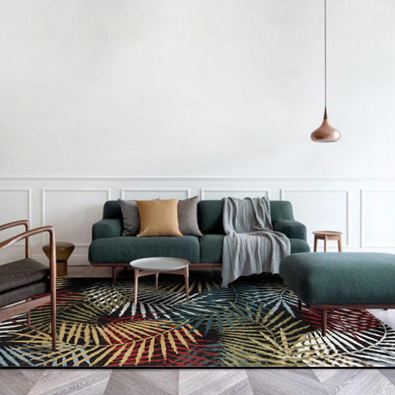 Lisslune | Black Bedroom Carpet Vintage Botanical Leaf Pattern Area Rug Polyester Pet-Friendly Washable Rug