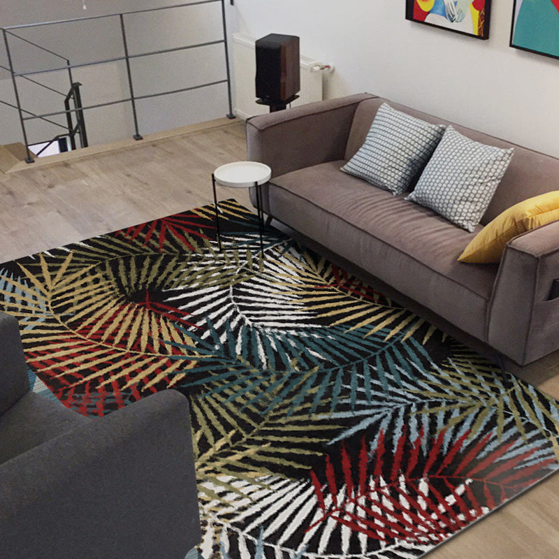 Lisslune | Black Bedroom Carpet Vintage Botanical Leaf Pattern Area Rug Polyester Pet-Friendly Washable Rug