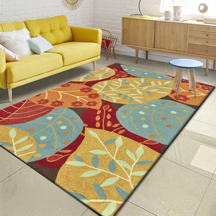 Lisslune | Red and Yellow Bedroom Carpet Vintage Botanical Leaf Pattern Carpet Polyester Anti-Slip Backing Carpet