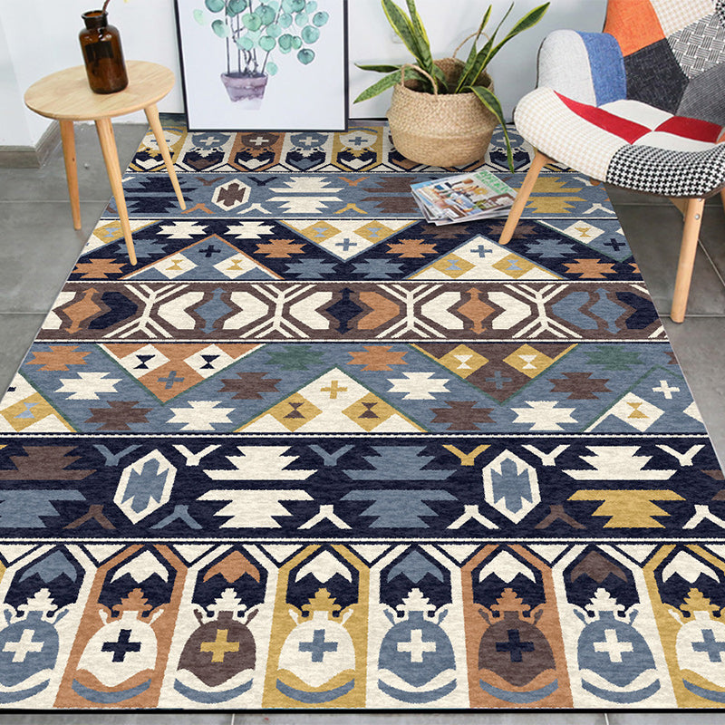Lisslune | Southwestern living room rug in blue tribal print rug polyester stain-resistant non-slip area rug