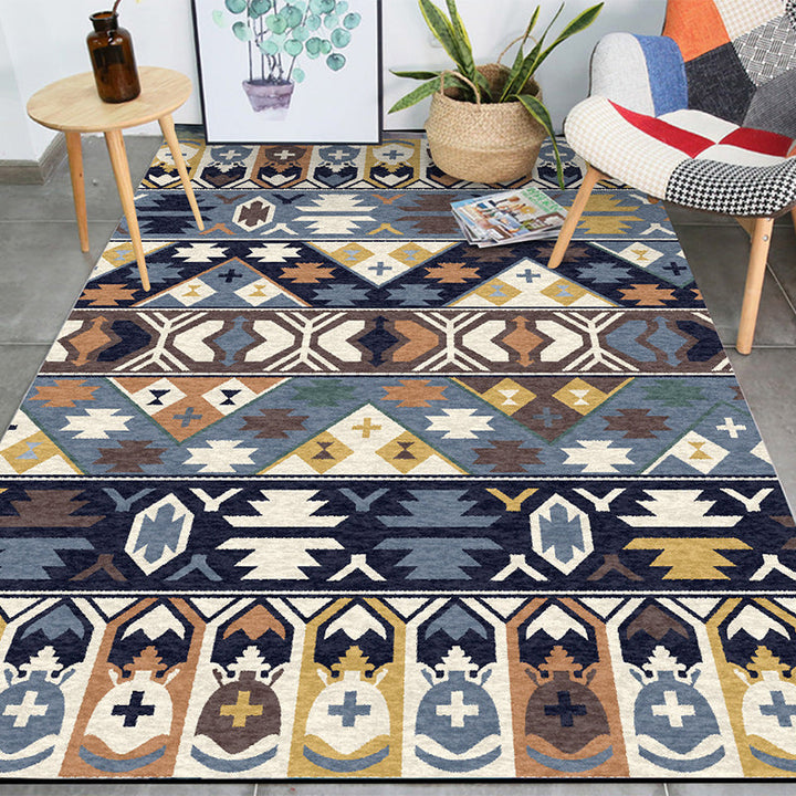 Lisslune | Southwestern living room rug in blue tribal print rug polyester stain-resistant non-slip area rug