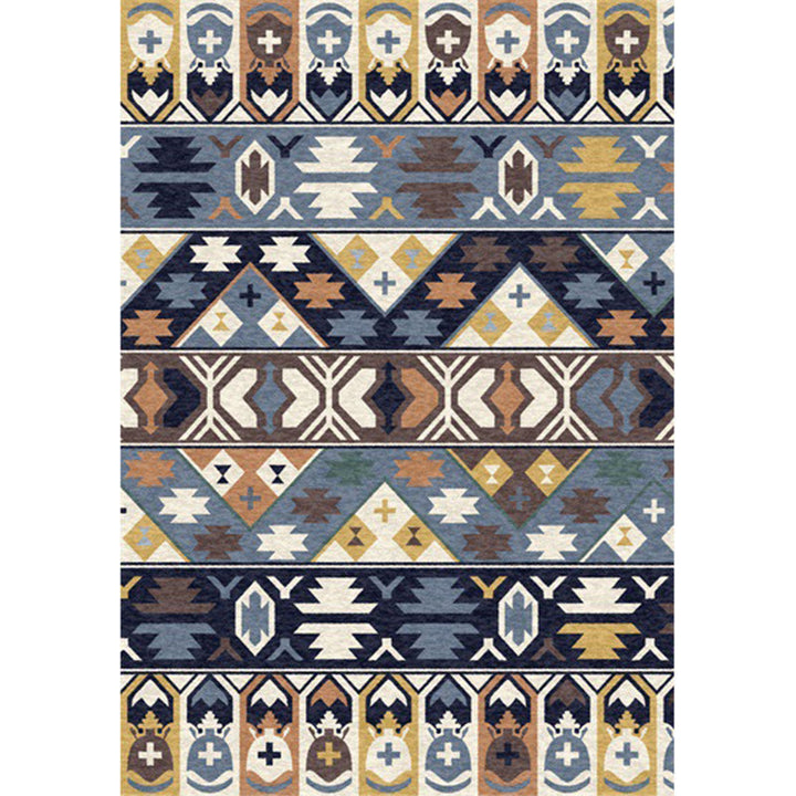 Lisslune | Southwestern living room rug in blue tribal print rug polyester stain-resistant non-slip area rug