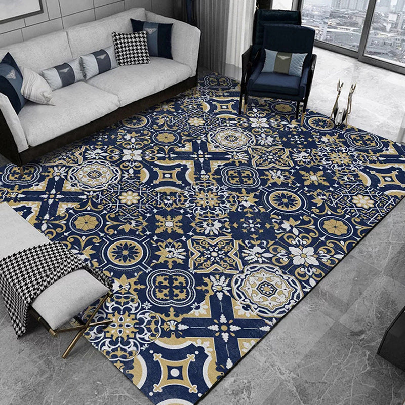 Lisslune | Blue Bedroom Rug Moroccan Flower Square Pattern Rug Polyester Non-Slip Back Rug