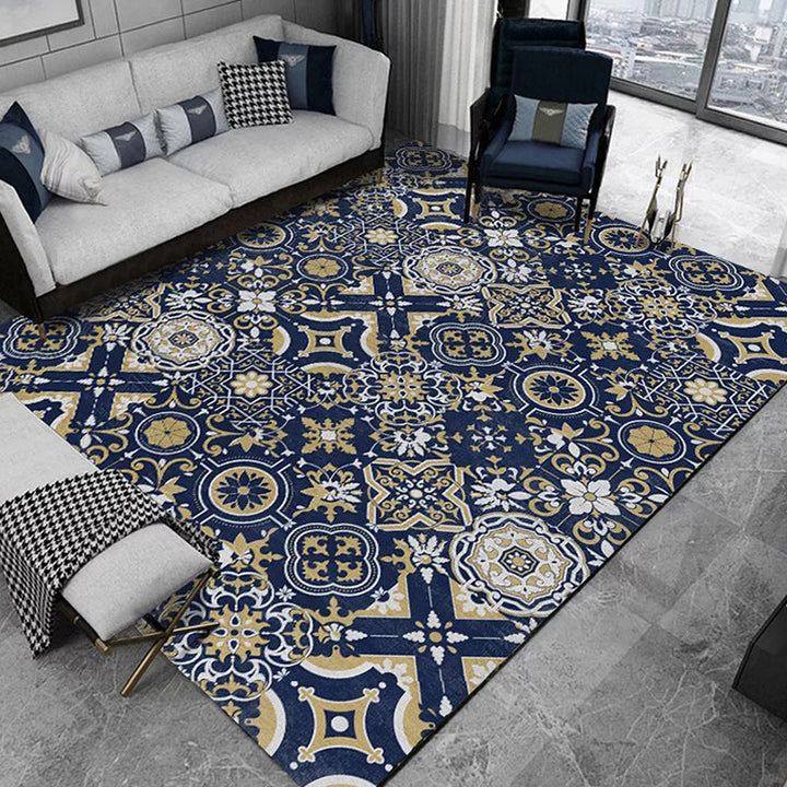 Lisslune | Blue Bedroom Rug Moroccan Flower Square Pattern Rug Polyester Non-Slip Back Rug