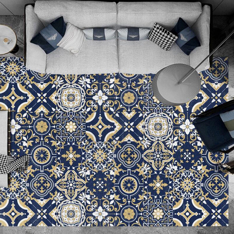 Lisslune | Blue Bedroom Rug Moroccan Flower Square Pattern Rug Polyester Non-Slip Back Rug