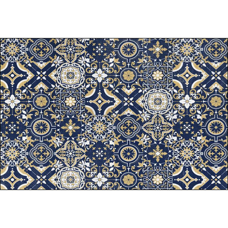 Lisslune | Blue Bedroom Rug Moroccan Flower Square Pattern Rug Polyester Non-Slip Back Rug