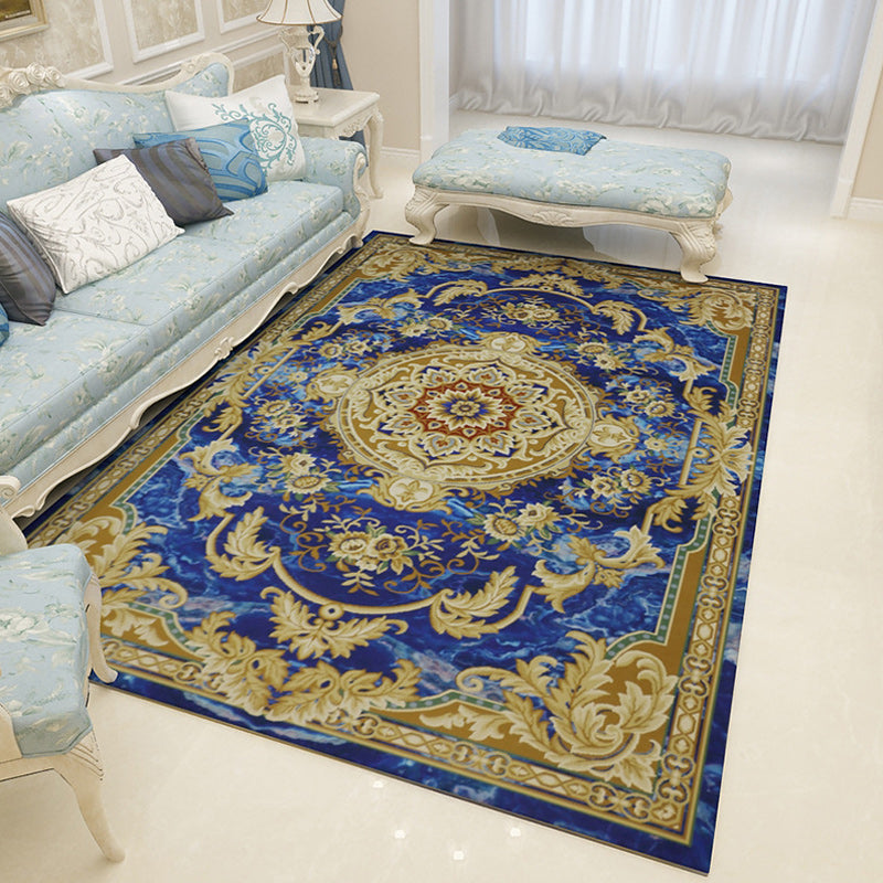 Lisslune | Moroccan Living Room Rug in Blue and Brown Medallion Floral Pattern Print Rug Polyester Pet-Friendly Rug