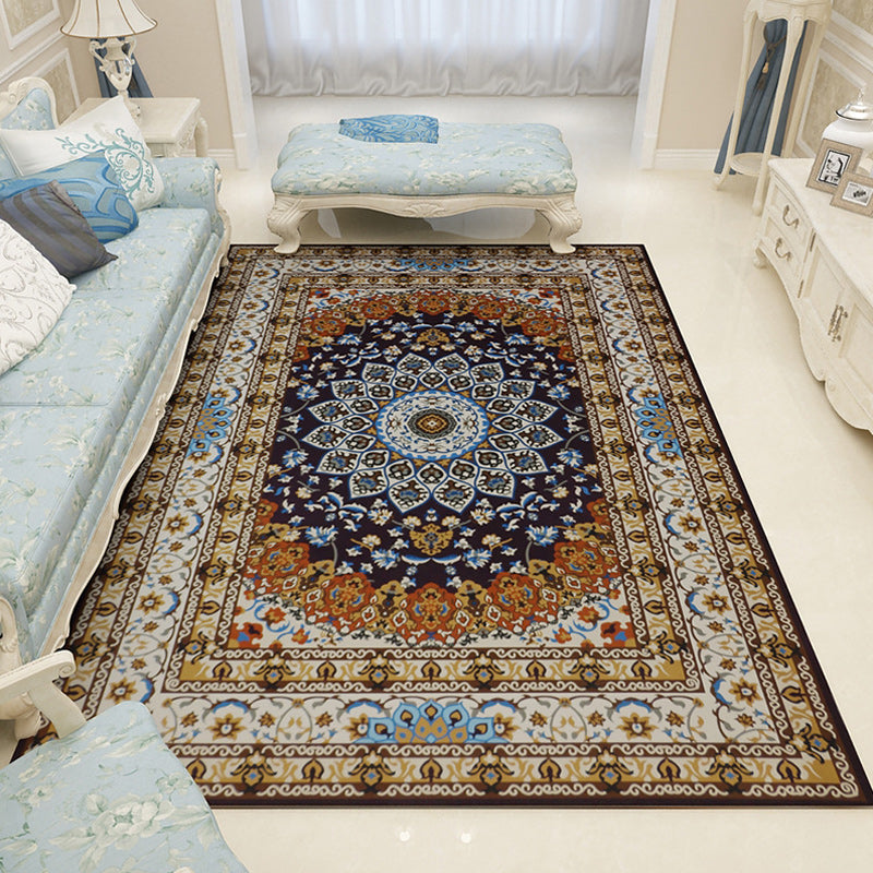 Lisslune | Moroccan Living Room Rug in Blue and Brown Medallion Floral Pattern Print Rug Polyester Pet-Friendly Rug