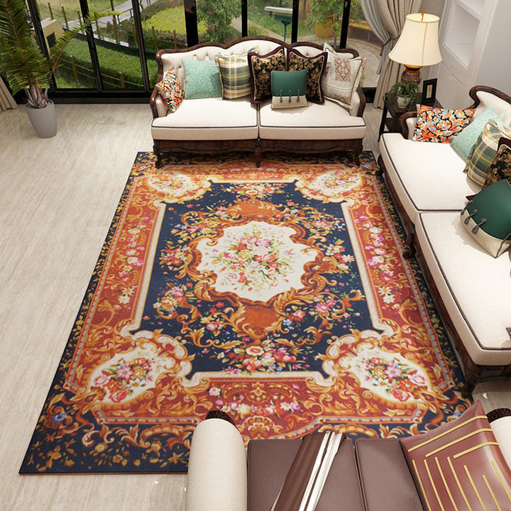 Lisslune | Moroccan Living Room Rug in Blue and Brown Medallion Floral Pattern Print Rug Polyester Pet-Friendly Rug