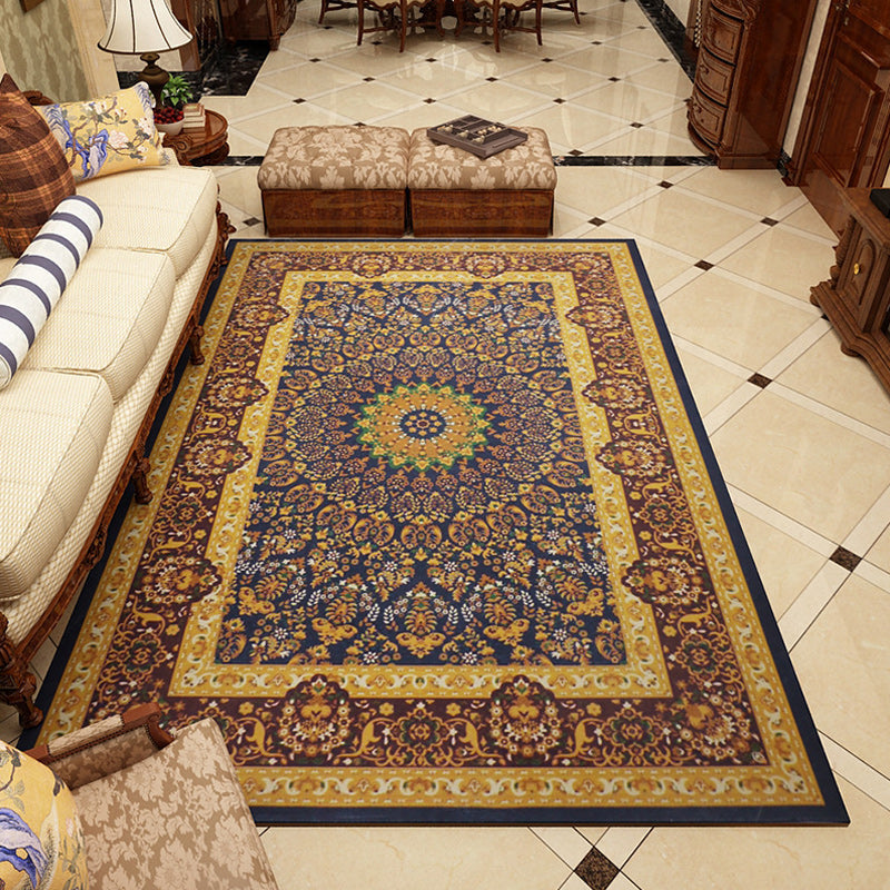 Lisslune | Moroccan Living Room Rug in Blue and Brown Medallion Floral Pattern Print Rug Polyester Pet-Friendly Rug