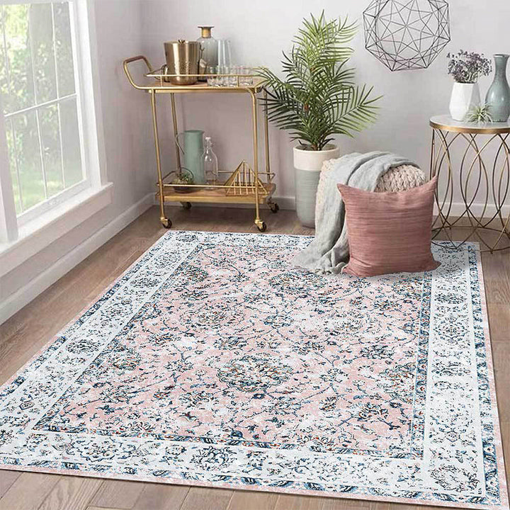 Lisslune | Shabby Chic Floral Pattern Rug Light Pink and Blue Polyester Rug Machine Washable Non-Slip Area Rug for Bedroom