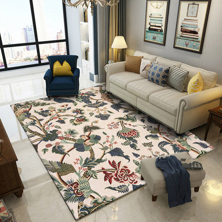 Lisslune | Light Yellow Vintage Carpet Polyester Flower and Leaf Pattern Carpet Washable Non-Slip Background Carpet for Living Room