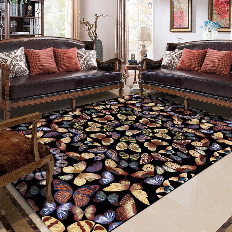 Lisslune | Black and White Vintage Carpet Polyester Butterfly Pattern Carpet Washable Non-Slip Back Carpet for Living Room