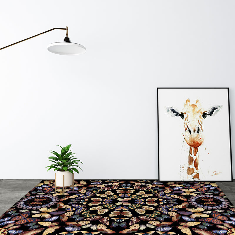 Lisslune | Black and White Vintage Carpet Polyester Butterfly Pattern Carpet Washable Non-Slip Back Carpet for Living Room