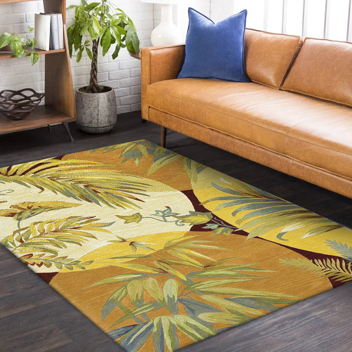 Lisslune | Retro Leaf Pattern Carpet Yellow Classic Carpet Polyester Washable Non-Slip Backing Carpet for Living Room