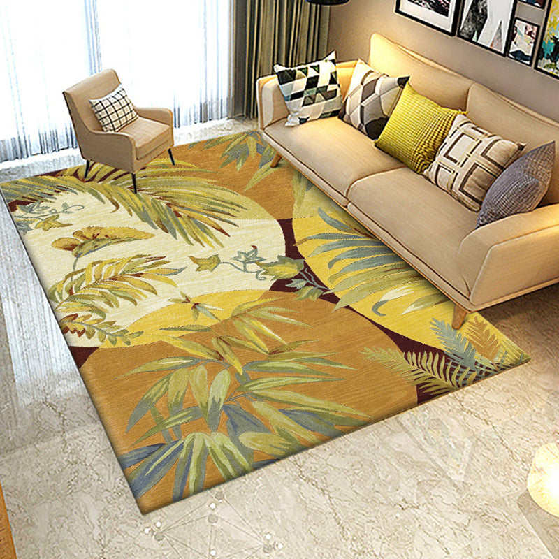 Lisslune | Retro Leaf Pattern Carpet Yellow Classic Carpet Polyester Washable Non-Slip Backing Carpet for Living Room