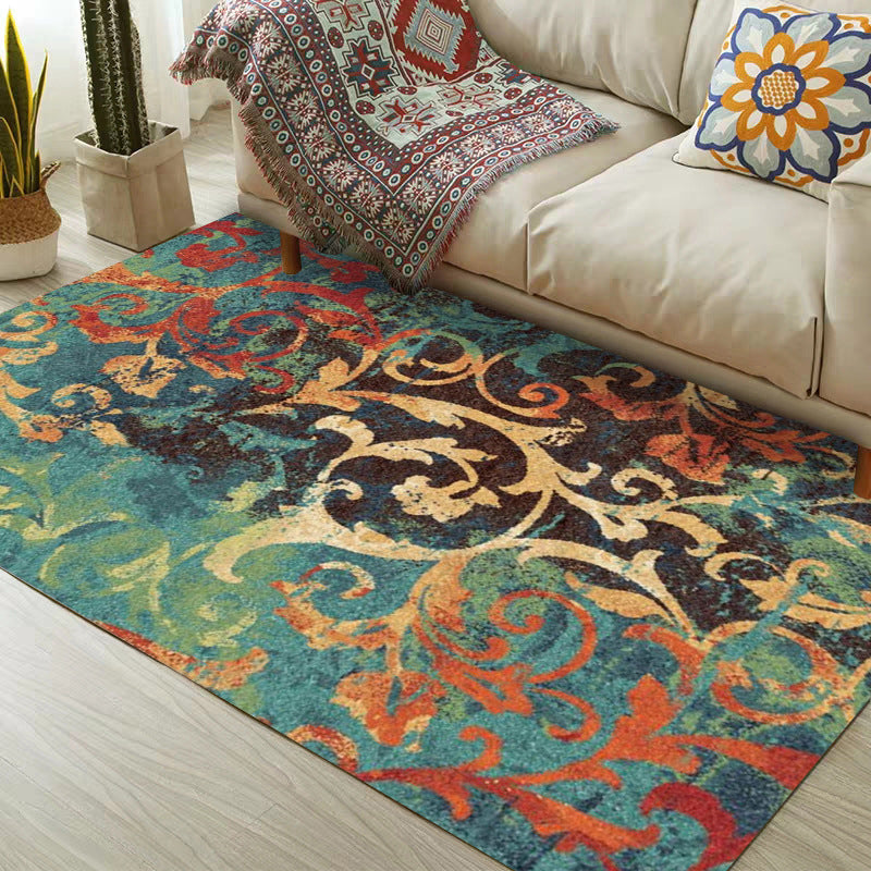 Lisslune | Classic paisley pattern rug Green and Orange Polyester rug Machine washable Non-slip carpet for the bedroom