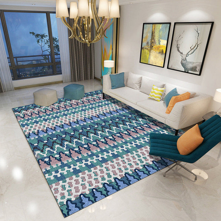 Lisslune | Southwest Living Room Rug in Black and Blue Geometric Diamond Pattern Rug Polyester Non-Slip Rug