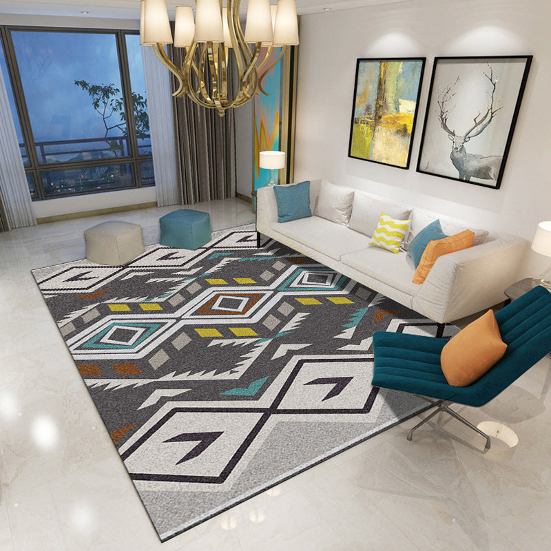 Lisslune | Southwest Living Room Rug in Black and Blue Geometric Diamond Pattern Rug Polyester Non-Slip Rug