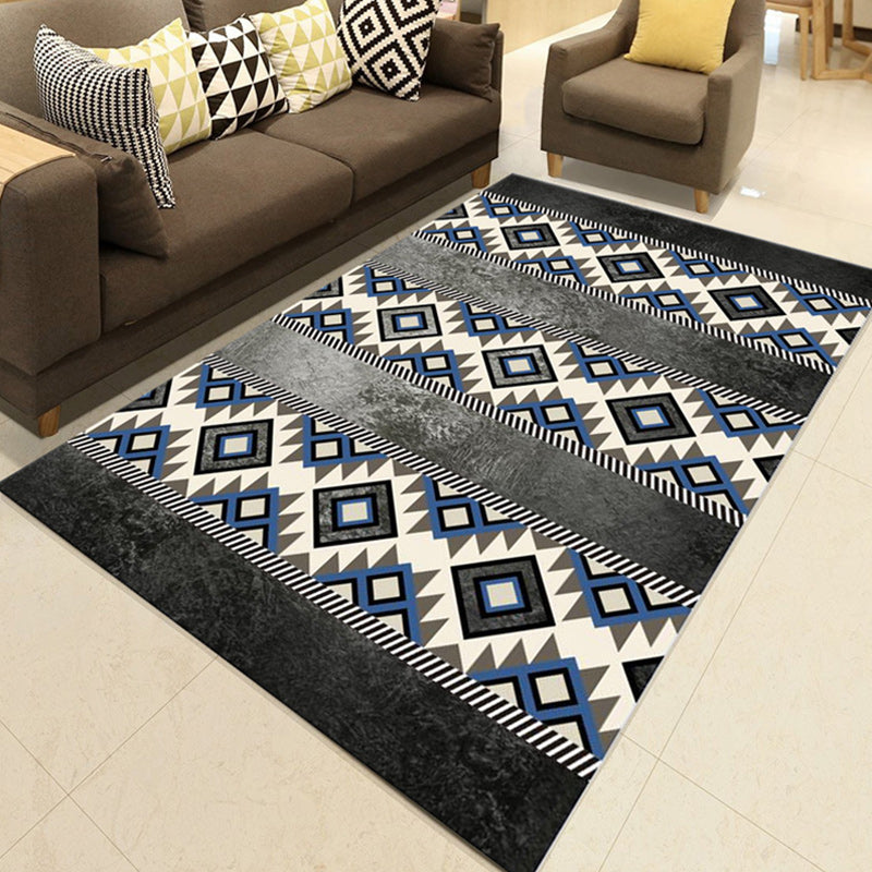 Lisslune | Southwest Living Room Rug in Black and Blue Geometric Diamond Pattern Rug Polyester Non-Slip Rug