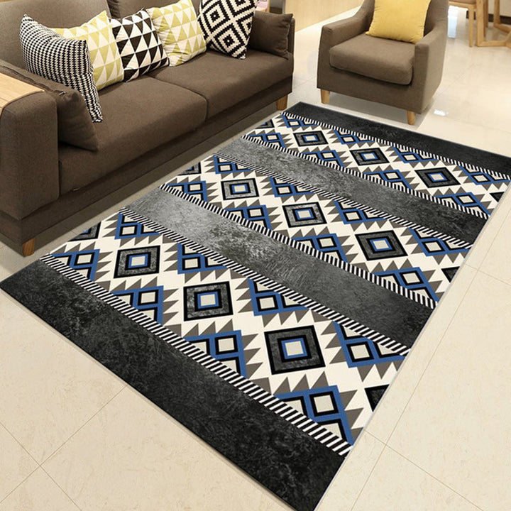 Lisslune | Southwest Living Room Rug in Black and Blue Geometric Diamond Pattern Rug Polyester Non-Slip Rug