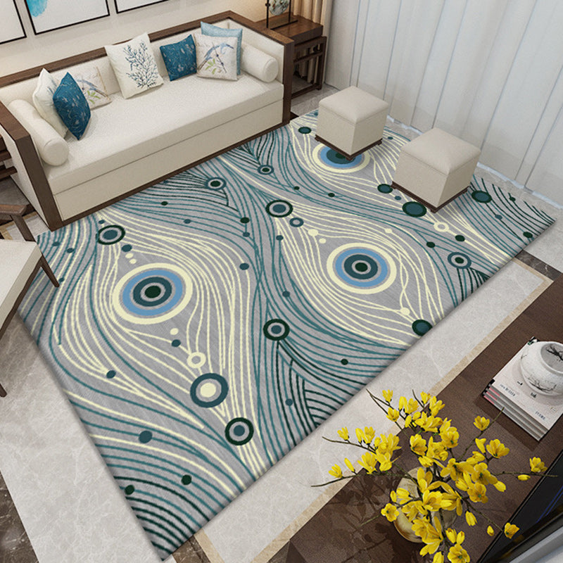 Lisslune | Southwest Living Room Rug in White and Blue Circle Line Print Rug Polyester Stain Resistant Area Rug